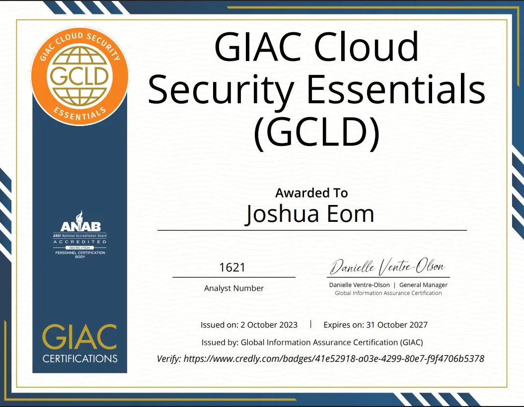 GIAC Cloud Security Essentials (GCLD) certificate